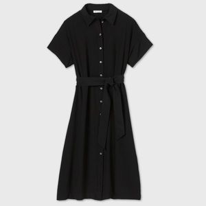 Short sleeve button-down dress with bow tie